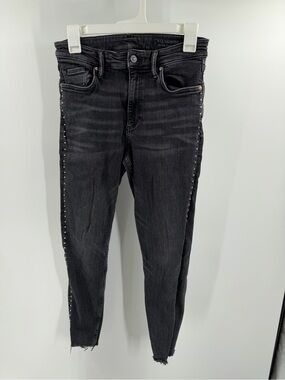 All Saints Dark Gray Metal Stud-Trim Skinny Jeans Raw Hem Size 29